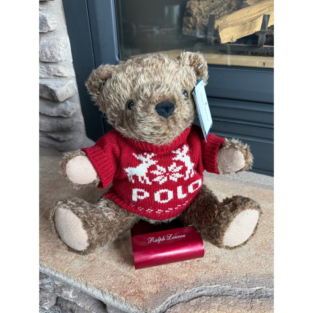 Vintage Ralph Lauren Holiday Plush Bear Red Sweater Reindeer Snowflake Rare Sled